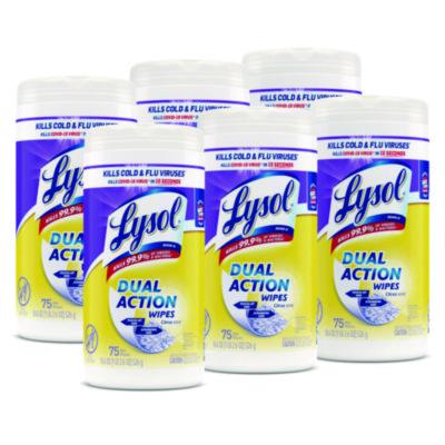 LYSOL Brand Dual Action Disinfecting Wipes, 1-Ply, 7 x 7.25, Citrus, White/Purple, 75/Canister, 6 Canisters/Carton (81700CT)