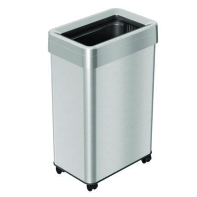 HLS Commercial Open Top Trash Can with Wheels, Rectangular, 16 gal, Plastic/Stainless Steel, Silver (HLS16UOTM)