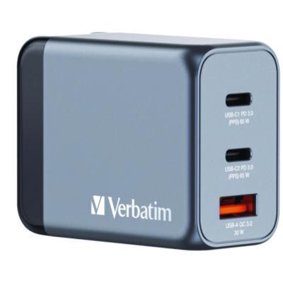 Verbatim 65 W 3-Port GaN Wall Charger, Black/Gray (32201)