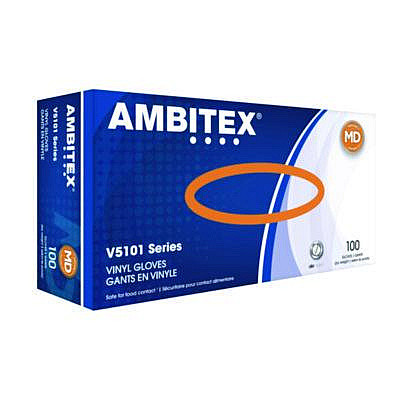 AMBITEX V5101 Series Latex-Free Lightly Powdered Vinyl Gloves, Medium, 3 mil Thick, 9" Long, Clear, 100/Box (VMD5101)