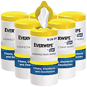 Everwipe by Tork Disinfectant Wipe Canisters, 1-Ply, 7 x 7, Lemon, White, 75 Sheets/Canister, 6/Carton (192820)