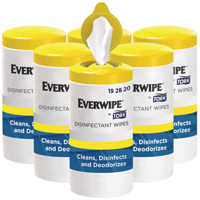Everwipe by Tork Disinfectant Wipe Canisters, 1-Ply, 7 x 7, Lemon, White, 75 Sheets/Canister, 6/Carton (192820)