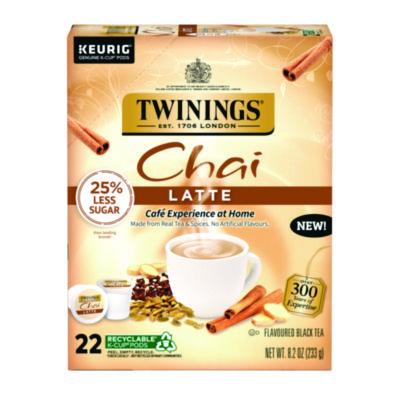 TWININGS Tea K-Cups, Chai Tea with Non-Fat Milk and Sweetener, 25% Less Sugar, 0.53 oz K-Cups, 22/Box (11007)