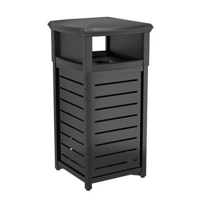 Suncast Commercial Outdoor Decorative Metal Square Trash Can with Two-Way Lid, 29 gal, Plastic, Black (MTCSQ300)