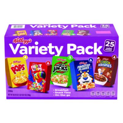 Kellogg's Cereal Assortment Pack, Assorted Flavors, Single Serve Box, 25/Carton (22002287)