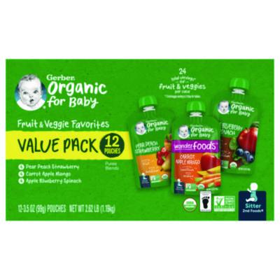 Gerber Organic 2nd Foods Baby Food Pouches, Assorted Flavors, 3.5 oz Pouch, 12/Carton (22002367)