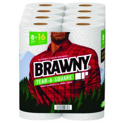 Brawny Tear-A-Square Perforated Kitchen Roll Towels, Double Roll, 2-Ply, 11" x 11", White, 120 Sheets/Roll, 8 Rolls/Pack (443665)