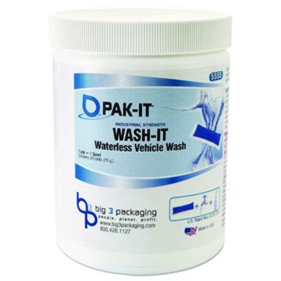 PAK-IT Wash It Waterless Vehicle Wash, Breezy Scent, 20 Water-Soluble Packets/Jar, 12/Carton (5555202240CT)