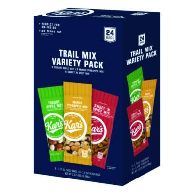 Kar's Trail Mix Variety Pack, Mango Pineapple/Sweet 'N Spicy/Yogurt Apple Nut, 24 Packets/Box (SN08361)