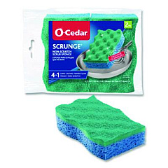 O-Cedar Scrunge Non-Scratch Scrub Sponge, 2.63 x 4.25, 1" Thick, Green/Blue, 2/Pack (169431)
