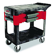 Rubbermaid Commercial Two-Shelf Trades Cart, Plastic, 2 Shelves, 2 Drawers, 330 lb Capacity, 19.25" x 38" x 33.38", Black (618000BLA)