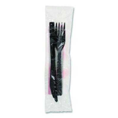 Pactiv Evergreen Gardenware Cutlery Kit, Individually Wrapped, Heavyweight, Fork/Knife/Napkin, Plastic, Black, 500/Carton (GKFKNECH)