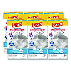 Glad ForceFlex MaxStrength Tall Kitchen Drawstring Trash Bags, 13 gal, Fresh Clean Scent, 24 x 28, White, 34/Box, 6 Boxes/Carton (70320)