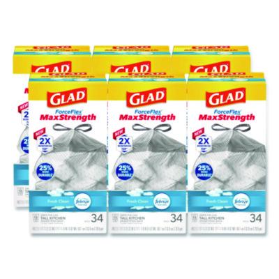 Glad ForceFlex MaxStrength Tall Kitchen Drawstring Trash Bags, 13 gal, Fresh Clean Scent, 24 x 28, White, 34/Box, 6 Boxes/Carton (70320)