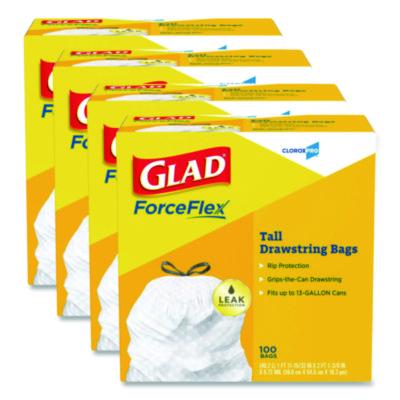 Glad CloroxPro ForceFlex Tall Kitchen Drawstring Trash Bags, 13 gal, 24 x 27.38, Gray, 100 Bags/Box, 4 Boxes/Carton (78526CT)
