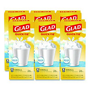 Glad OdorShield Quick-Tie Small Trash Bags, Tie-Flap, 4 gal, Febreze Fresh Clean Scent, 8 x 18, White, 26 Bags/Box, 6 Boxes/Carton (78812)