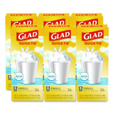 Glad OdorShield Quick-Tie Small Trash Bags, Tie-Flap, 4 gal, Febreze Fresh Clean Scent, 8 x 18, White, 26 Bags/Box, 6 Boxes/Carton (78812)