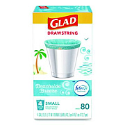 Glad OdorShield Small Drawstring Trash Bags, 4 gal, Beachside Breeze Scent, 0.5 mil, 18" x 17", Blue, 80/Box (79155)