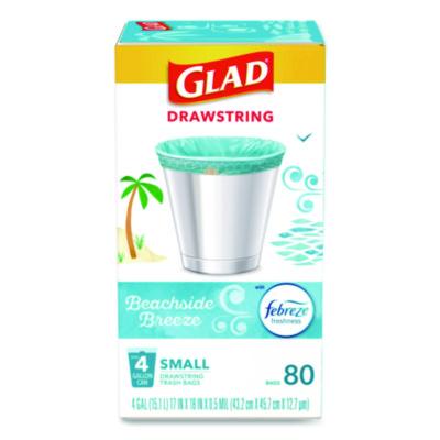 Glad OdorShield Small Drawstring Trash Bags, 4 gal, Beachside Breeze Scent, 0.5 mil, 18" x 17", Blue, 80/Box (79155)