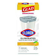 Glad Medium Drawstring Trash Bags with Clorox, 8 gal, Lemon Fresh Bleach Scent, 0.74 mil, 23" x 21.63", Gray, 26/Box (79316)