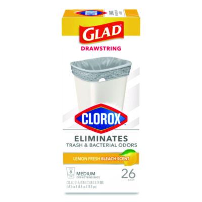 Glad Medium Drawstring Trash Bags with Clorox, 8 gal, Lemon Fresh Bleach Scent, 0.74 mil, 23" x 21.63", Gray, 26/Box (79316)