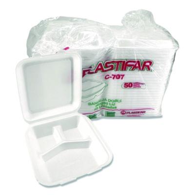 Plastifar Foam Hinged Lid Containers, 3-Compartment, 7.56 x 8.25 x 2.38, White, Foam, 200/Carton (12109)