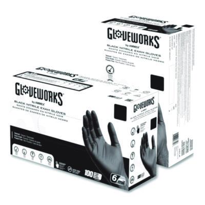 GloveWorks by AMMEX Nitrile Exam Gloves, Powder-Free, Small, 6 mil Thick, 9.5" Long, Black, 100/Box (GWBEN42100BX)