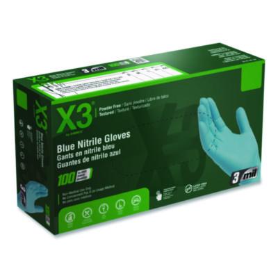 X3 by AMMEX Industrial Nitrile Gloves, Powder-Free, Medium, 3 mil Thick, 9.5" Long, Blue, 100/Box (X344100BX)
