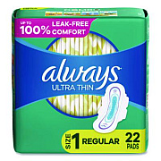 Always Ultra Thin Pads with Wings, Size 1, Regular Absorbency, 22 Pads/Pack, 12 Packs/Carton (03339)