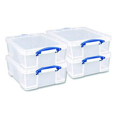 Really Useful Box Snap-Lid Storage Bin, 4.49 gal, 11" x 18" x 4", Clear/Blue, 4/Pack (17CPK4CB)