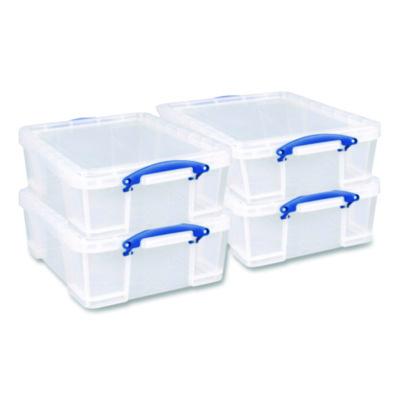 Really Useful Box Snap-Lid Storage Bin, 4.49 gal, 11" x 18" x 4", Clear/Blue, 4/Pack (17CPK4CB)