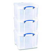 Really Useful Box Snap-Lid Storage Bin, 8.45 gal, 14" x 18" x 12.25", Clear/Blue, 3/Pack (32CPK3CB)