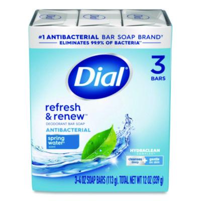 Dial Refresh and Renew Antibacterial Deodorant Bar Soap, Spring Water Scent, 4 oz, 3 Bars/Pack, 4 Packs/Carton (11811)