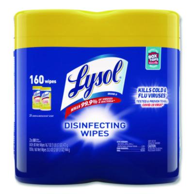 LYSOL Brand Disinfecting Wipes, 1-Ply, 7 x 7.25, Lemon and Lime Blossom, White, 80 Wipes/Canister, 2 Canisters/Pack (80296PK)