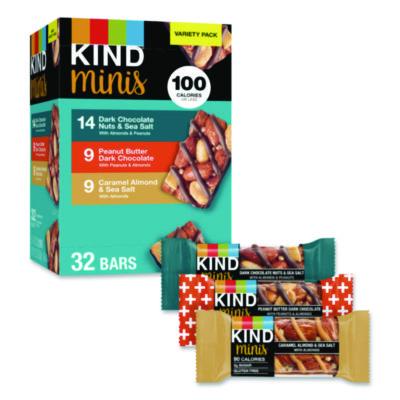 KIND Minis, Dark Chocolate Nuts Sea Salt/Caramel Almond Nuts Sea Salt, 0.7 oz Bar, 32 Bars/Carton (22000799)