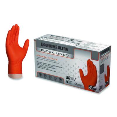 GloveWorks by AMMEX Ultra Industrial Flock-Lined Nitrile Disposable Gloves, Large, 8 mil Thick, 9.06" Long, Orange, 50/Box, 10 Boxes/Carton (GWUOFN46050)