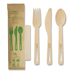World Centric Bamboo Cutlery, Fork/Knife/Napkin/Spoon, Paper, Natural, 250/Carton (ASBBTN)