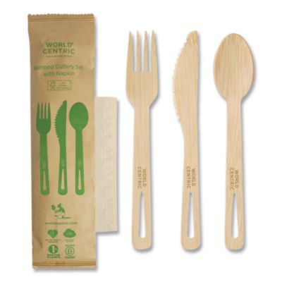 World Centric Bamboo Cutlery, Fork/Knife/Napkin/Spoon, Paper, Natural, 250/Carton (ASBBTN)