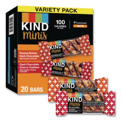 KIND Minis Peanut Butter Dark Chocolate and Dark Chocolate Cherry Cashew Variety Pack, 0.74 oz Bar, 20/Box (43012)