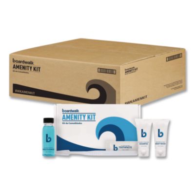 Boardwalk Amenities Kit, Mouth Rinse, Toothbrush, Toothpaste, Body Wash, Shampoo, Green Tea Lemongrass, 12 Kits/Carton (AMENKIT)