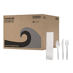 Boardwalk Four-Piece Cutlery Kit, Mediumweight, Fork/Knife/Napkin/Spoon, Plastic, White, 250/Carton (FKTNMWPPWH)