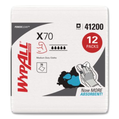 WypAll X70 Cloths, 1/4 Fold, 12.5 x 12, White, 76/Pack, 12 Packs/Carton (41200)