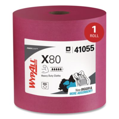 WypAll Power Clean X80 Heavy Duty Cloths, Jumbo Roll, Perforated,12.4 x 12.2, Red, 455 Wipers/Roll (41055)