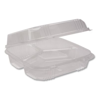 Pactiv Evergreen ClearView SmartLock Hinged Lid Container, 3 Compartments, 5 oz/14 oz, 8.2 x 8.3 x 2,9, Clear, Plastic, 200/Carton (YCI81123)