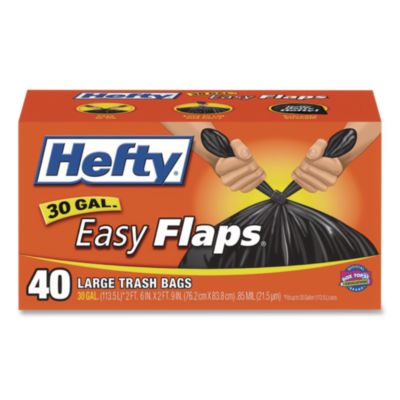 Hefty Easy Flaps Trash Bags, Tie-Flap, 30 gal, 0.85 mil, 30" x 33", Black, 40 Bags/Box, 6 Boxes/Carton (E27744CT)