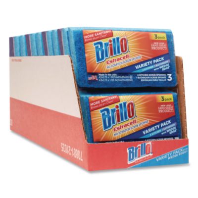 Brillo Estracell Scrub Sponge Variety Pack, 1 Bath, 2 Kitchen, 4.5 x 2.75, 1.12" Thick, Blue/Purple/White, 3/Pack, 8 Packs/Carton (21035)