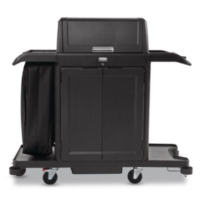 Rubbermaid Commercial Housekeeping Cart with Hood and Doors, Plastic, 4 Shelves,1 Bin, 24.4 x 62.4 x 56.9, Black (2202587)