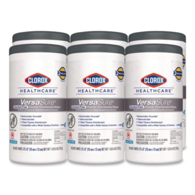 Clorox Healthcare VersaSure Cleaner Disinfectant Wipes, 1-Ply, 6 x 5, Fragranced, White, 150/Canister, 6 Canisters/Carton (31758)