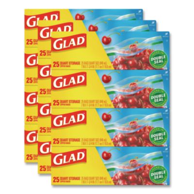 Glad Zipper Food Storage Plastic Bags, Quart Size, 7.75 x 7, Clear, 25 Bags/Box, 12 Boxes/Carton (55052)