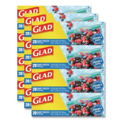 Glad Zipper Food Storage Plastic Bags, Freezer Bags, Quart Size, 7.75 x 8.44, Clear, 20 Bags/Box, 12 Boxes/Carton (57035)